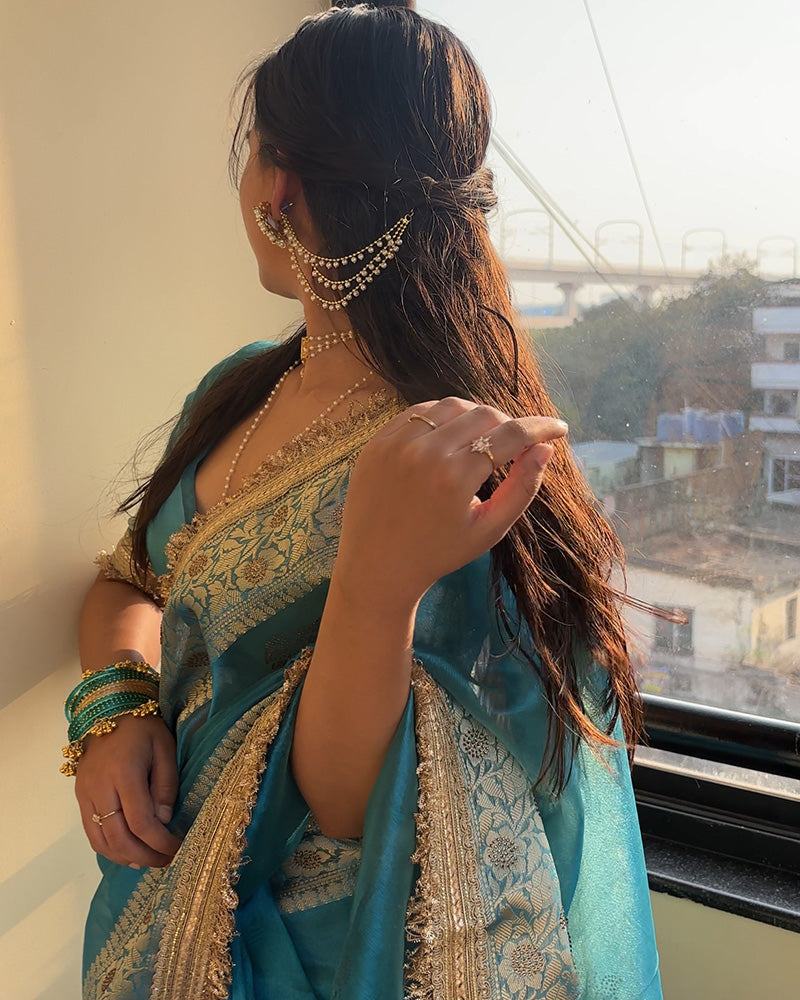 Sky Color Banarasi Tissue Silk Stone Work Saree