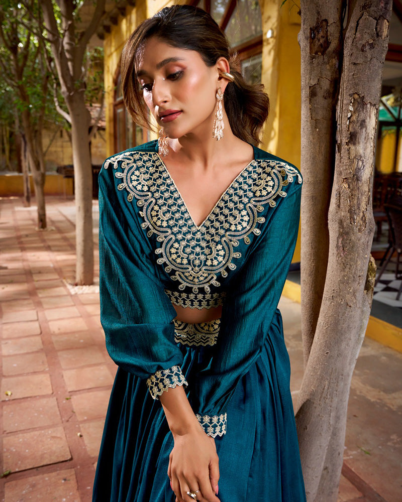 Peacock Blue Color Vichitra Silk Embroidered Lehenga Choli
