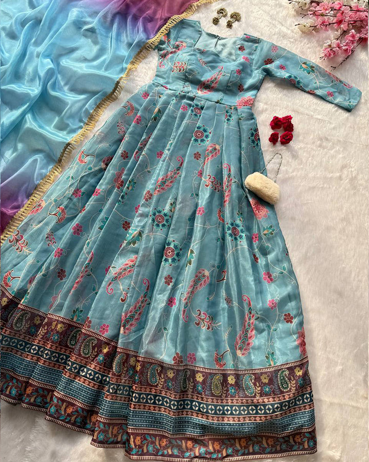 Sky Blue Color Digital Printed Soft Organza Gown