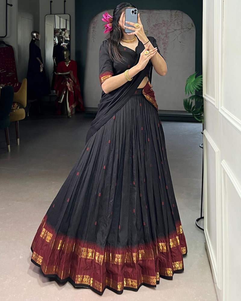 Elegant Black Pure Chanderi Half Saree With Zari Weaving