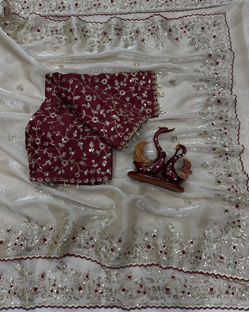 Cream Color Pure Soft Organza Saree