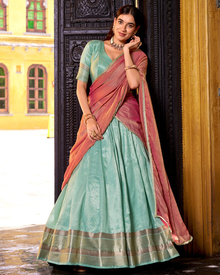 Sky Blue Color Dupion Silk Zari Weaving Half Saree