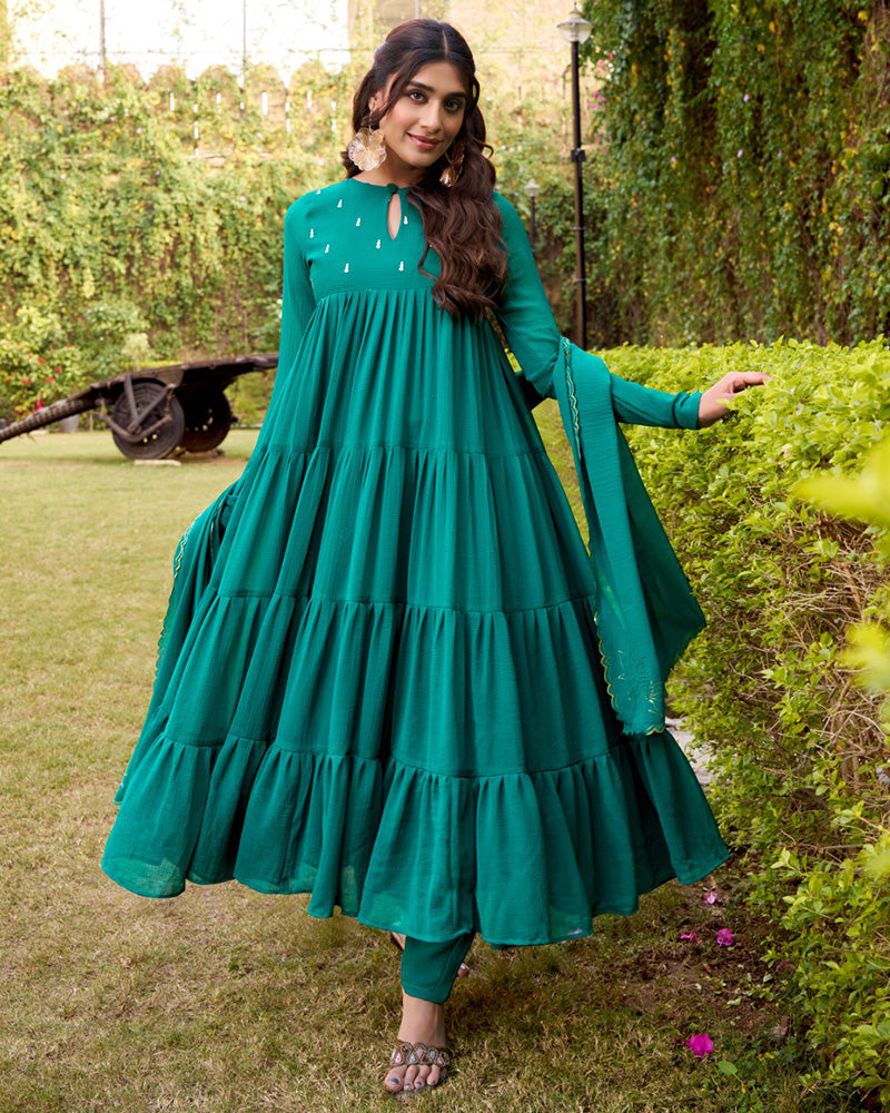 Teal Green Color Marble Three Piece Anarkali Suit