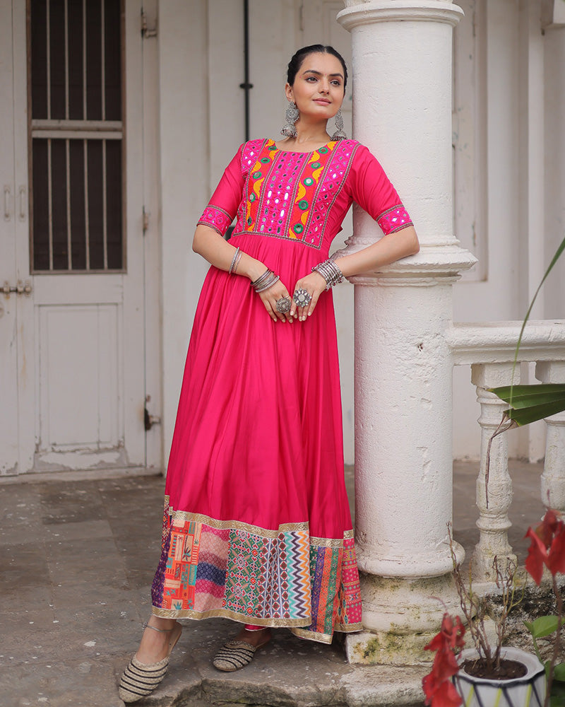 Colorful Border Pink Color Roman Silk Gamthi Work Navratri Gown