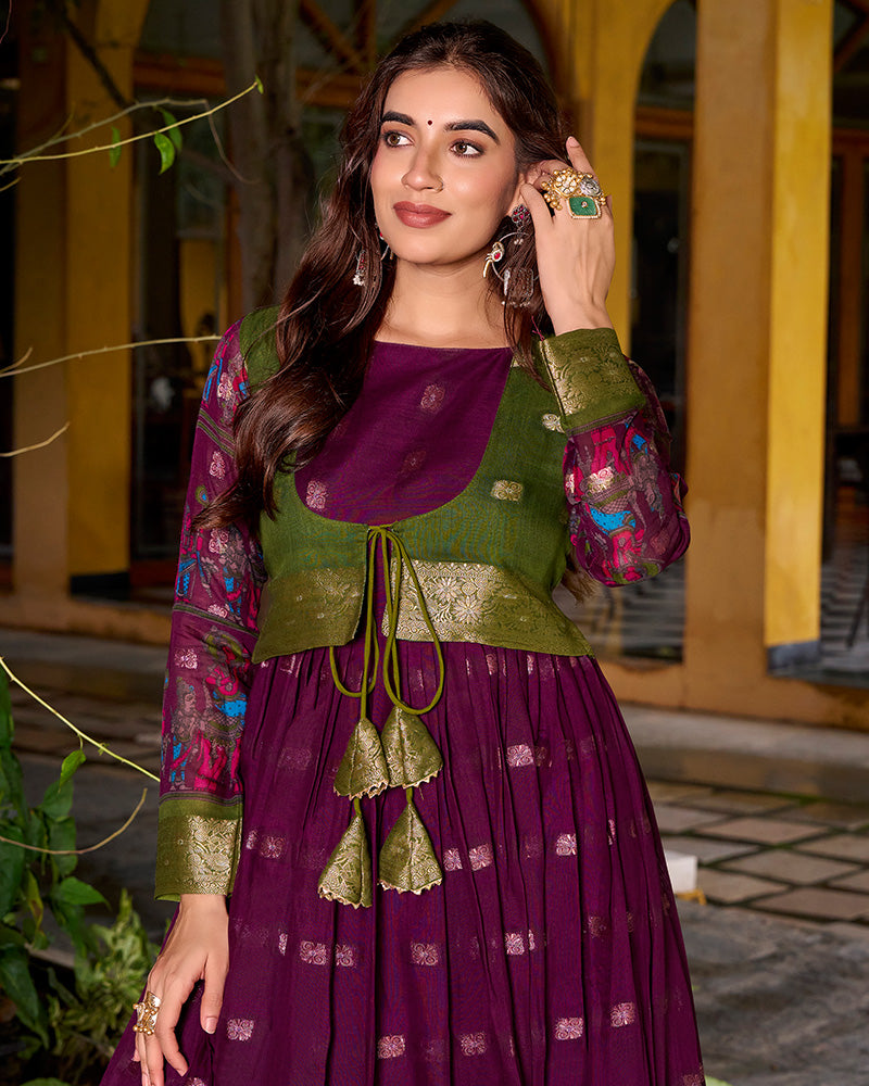 Elegant Wine Color Poly Cotton Gown With koti