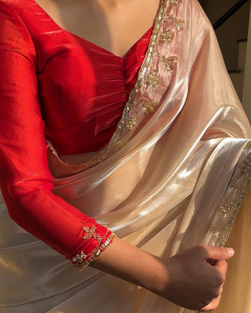 Cream Color Pure Soft Organza Embroidered Saree