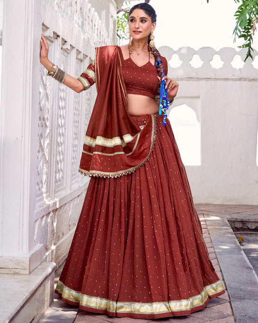 Classic Rust Orange Color Pure Chanderi Navratri Lehenga Choli