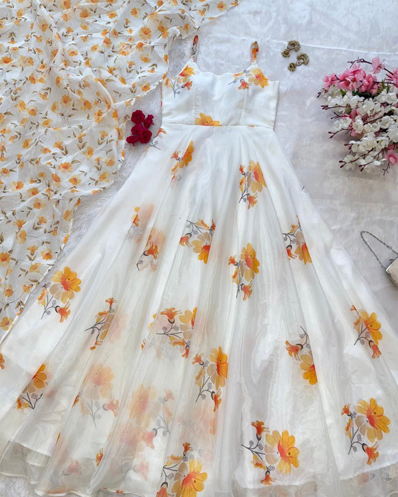 White Color Digital Printed Soft Organza Gown