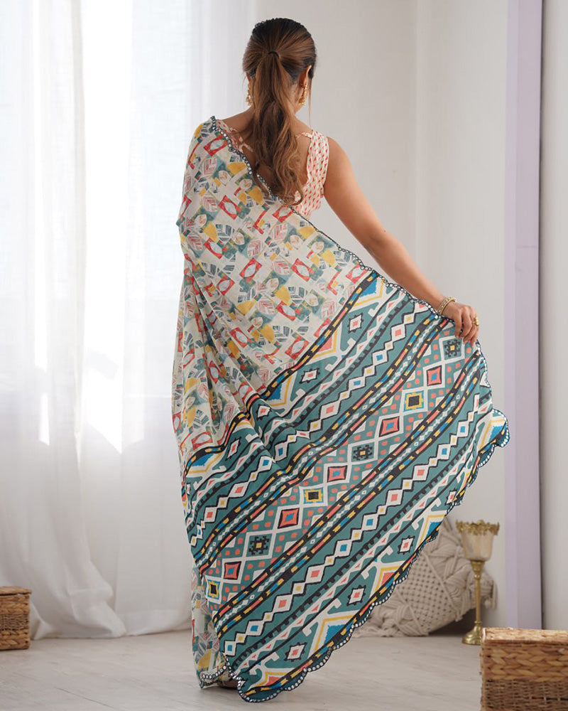 Off-White Color Chinnon Silk Saree