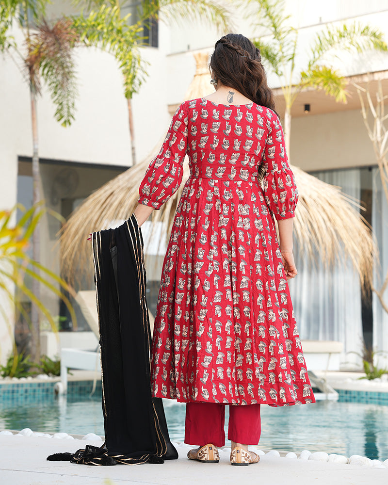 Red And Black Color Printed Pure Cotton Anarkali Suit