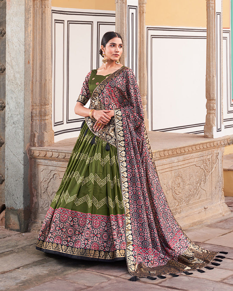 Designer Green Color Ajarakh Print Silk Lehenga Choli