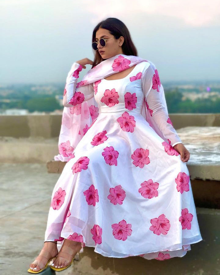 Sonia Verma White Rose Colour Three Piece Organza Tebby Anarkali Suit