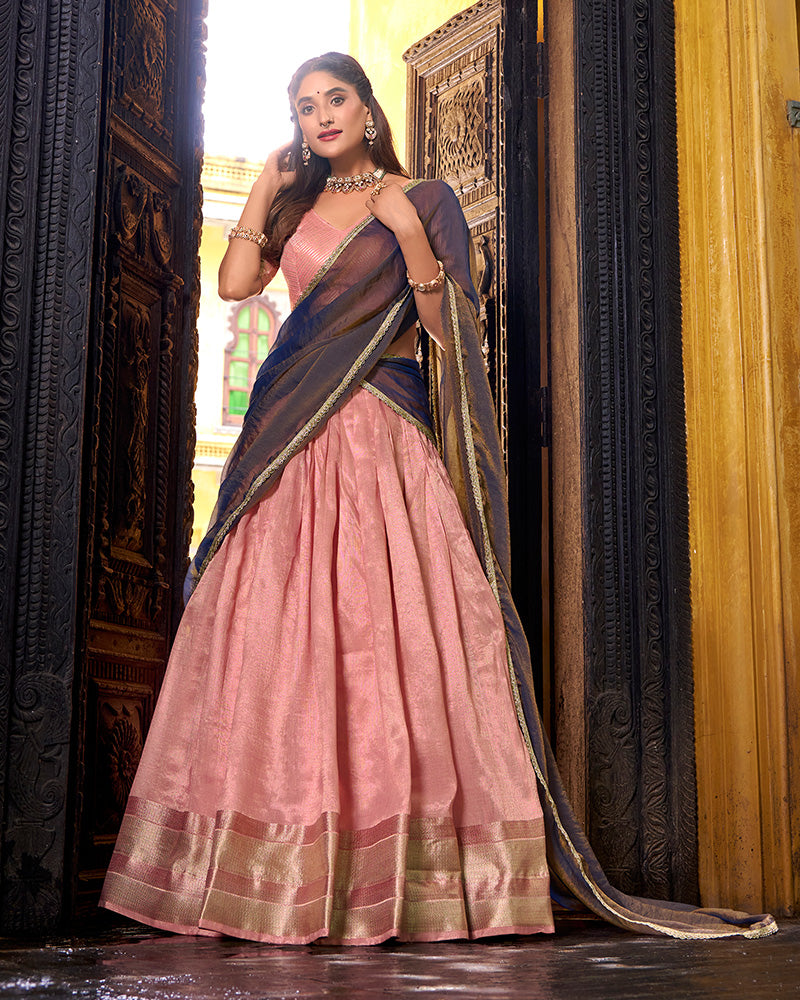 Light Pink Color Dupion Silk Zari Weaving Half Saree