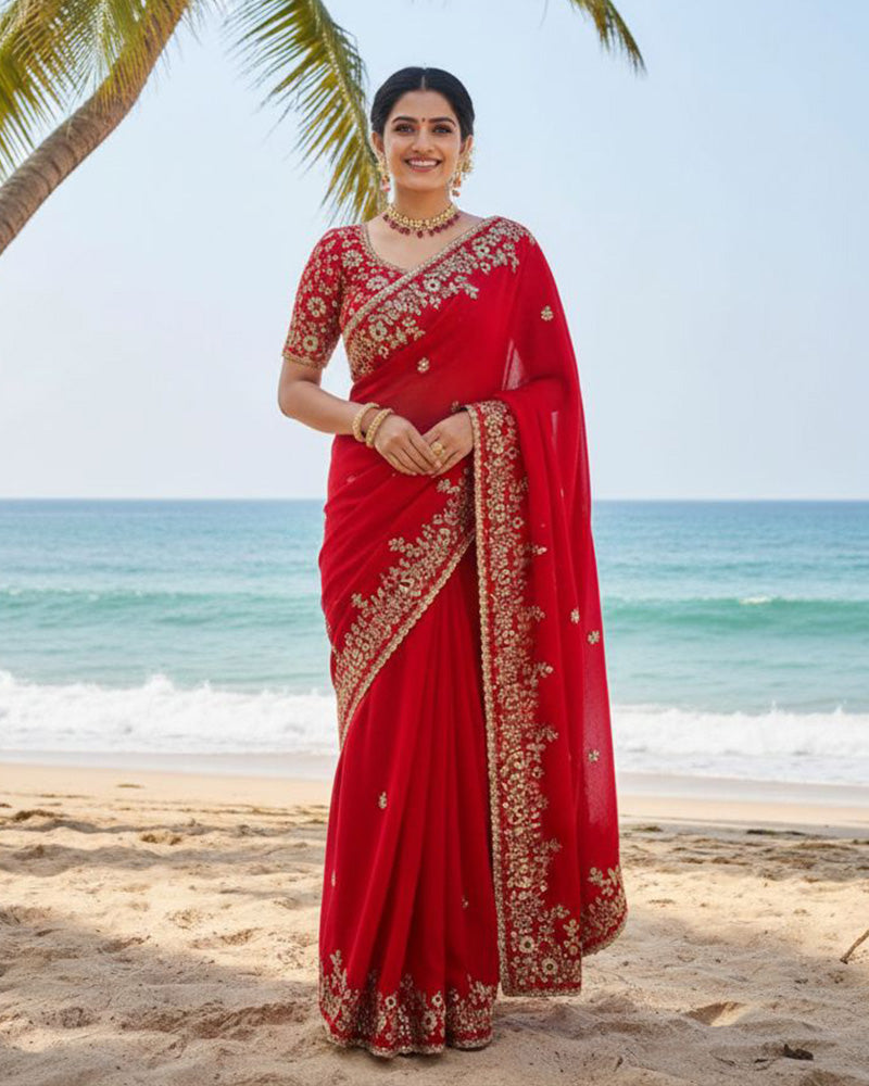 Luvender Color Fendi Chiffon Sequence Embroidered Saree