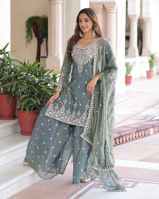 Grey Color Fendi Silk Embroidered Sharara Suit