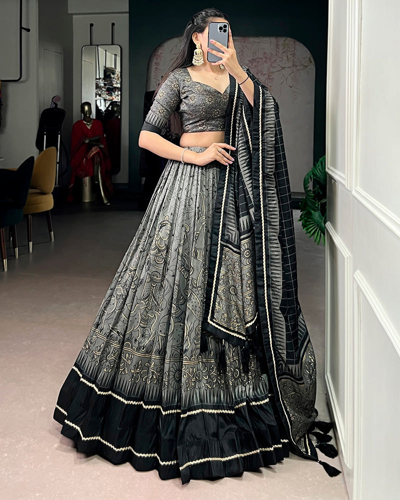 Grey Color Tasar Silk Kalamkari Printed Lehenga Choli