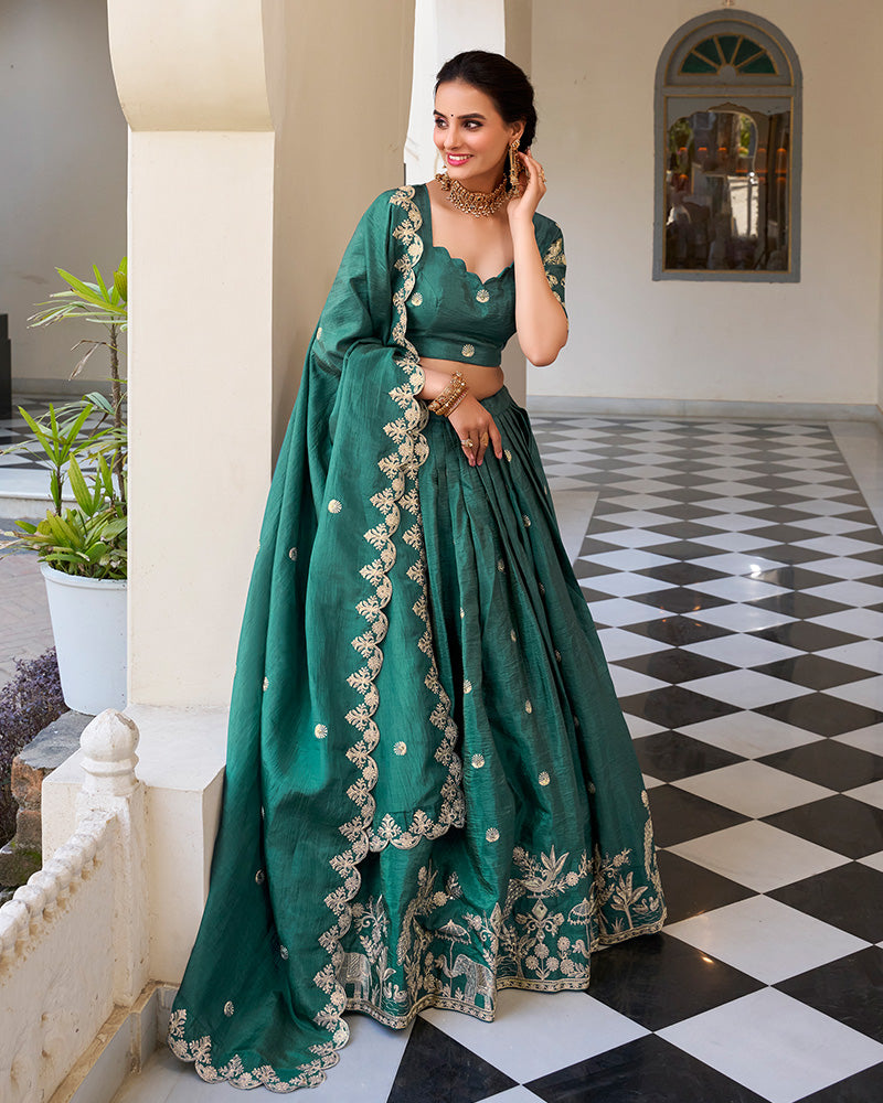 Teal Green Color Gold Crush Embroidered Lehenga Choli