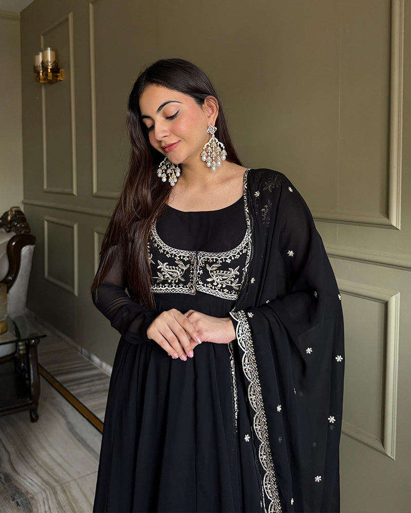 Black Color Faux Georgette Embroidered Anarkali Suit