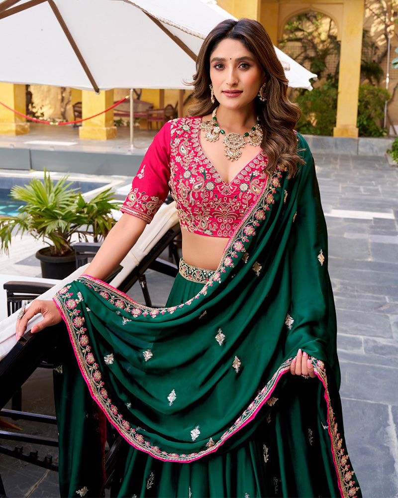 Green Color Satin Silk Embroidered Lehenga Choli