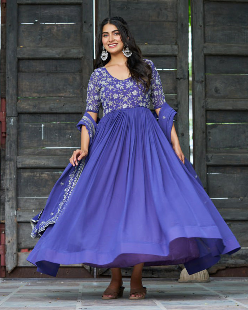 Elegant Purple Embroidered Blooming Style Designer Gown