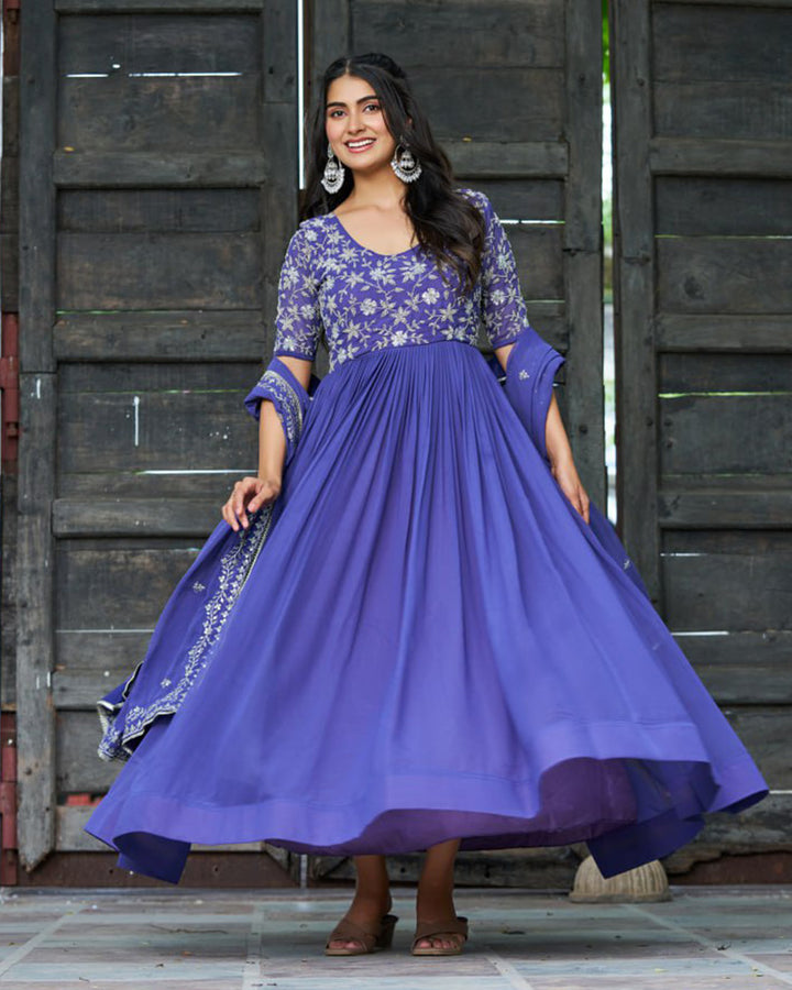 Elegant Purple Embroidered Blooming Style Designer Gown
