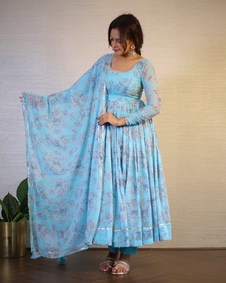 Sky Blue Color Georgette Three Piece Anarkali Suit