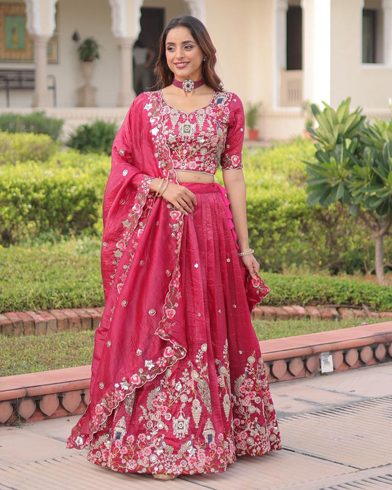 Tomato Color Gold Crush Embroidered Lehenga Choli
