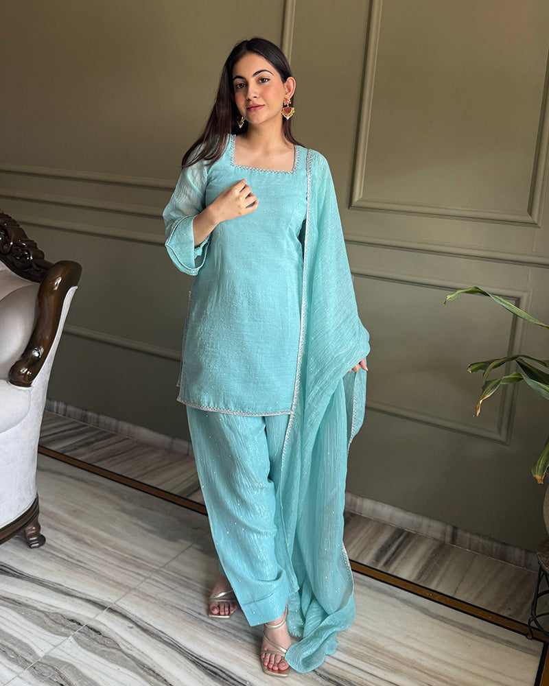 Sky Blue Color Crunchy Silk Farshi Suit