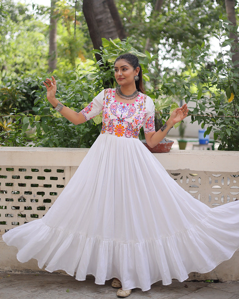 White Color Rayon Kutchi Gamthi Style Navratri Gown