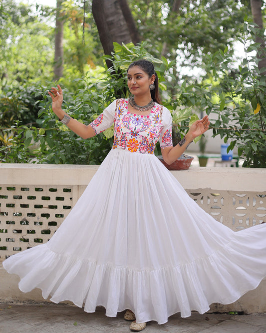 White Color Rayon Kutchi Gamthi Style Navratri Gown