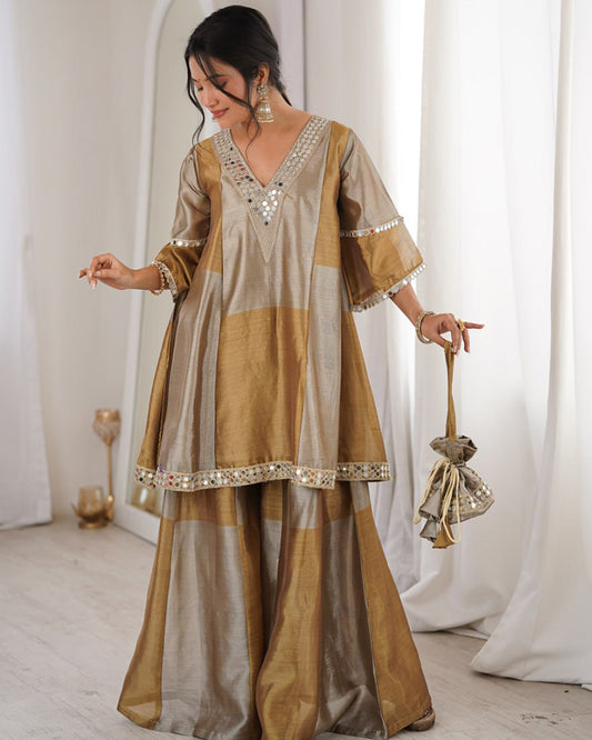 Grey Color Two-Tone Tissue Silk Embroidered Plazzo Suit