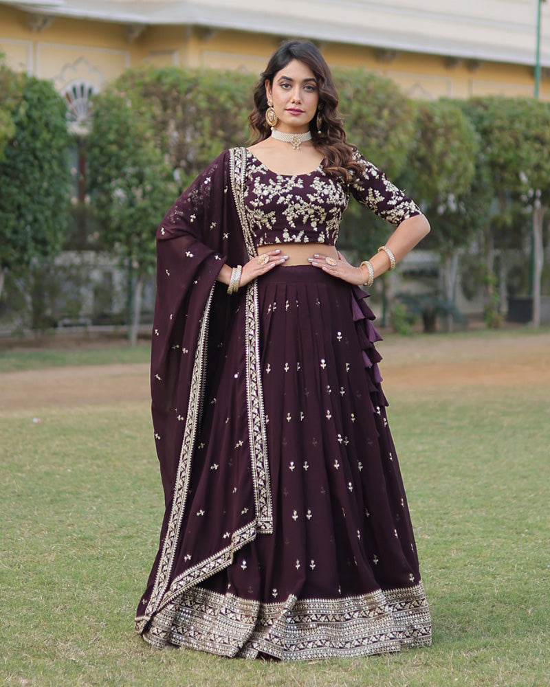 Wedding Wear Dark Wine Color Designer Blooming Lehenga Choli