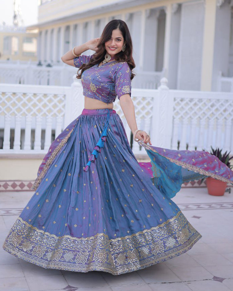 Dusty Blue Color Ysl Silk Embroidered Lehenga Choli
