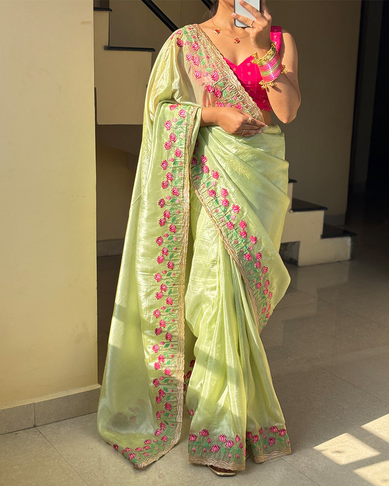 Parrot Green Color Chiffon Embroidered Saree