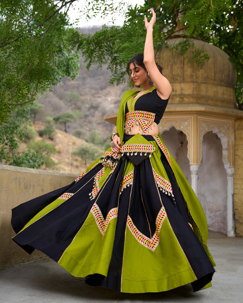 Parrot Green And Black Color Pure Cotton Navratri Lehenga Choli