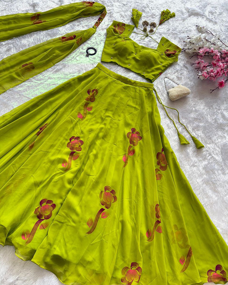 Mehndi Color Pure georgette Printed Lehenga Choli