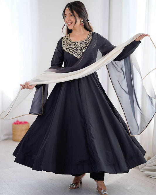 Black Color Soft French Crape Embroidered Anarkali Suit