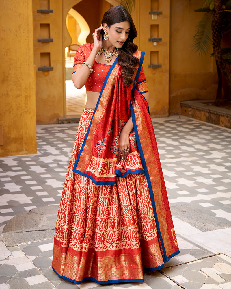 Rust Orange Color Dola Silk Batik Printed Lehenga Choli