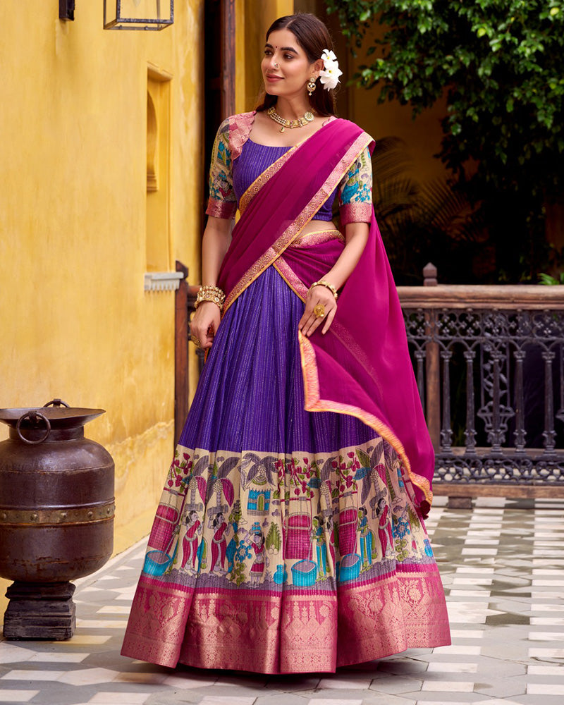 Purple Color Poly Chanderi Printed Half Saree