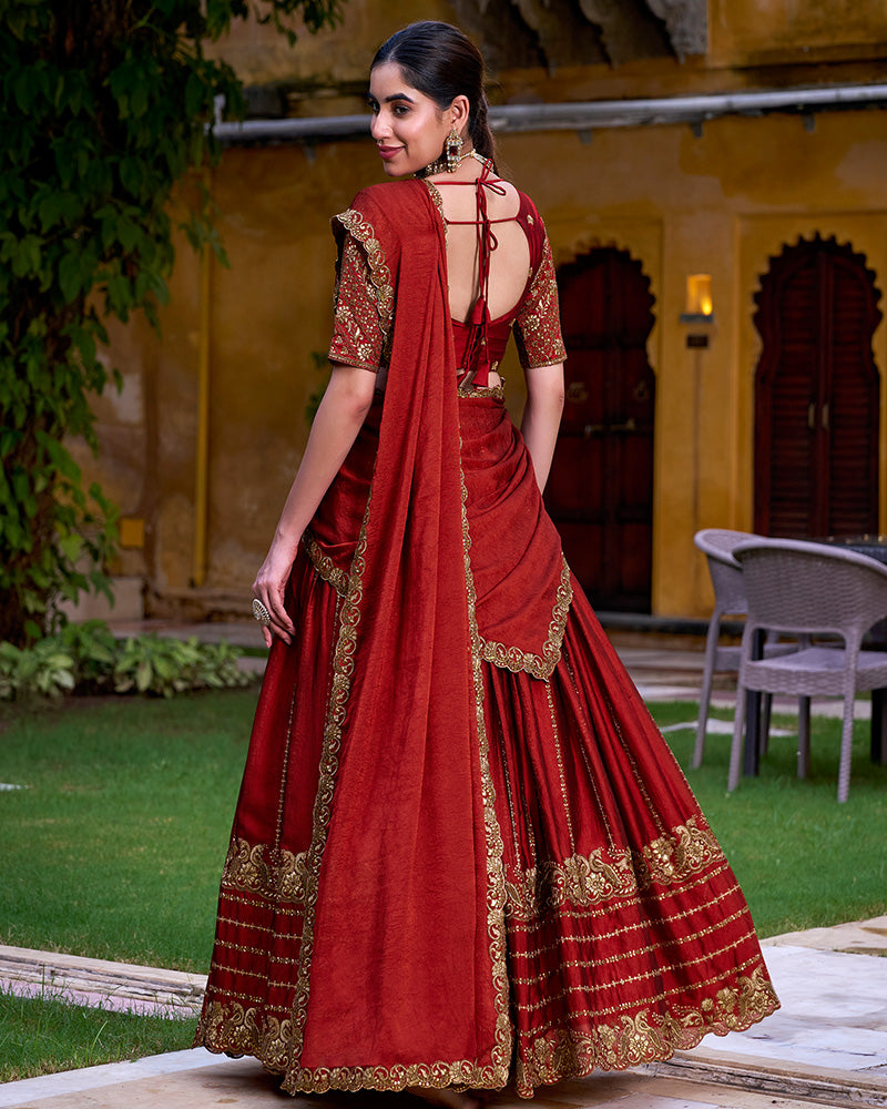 Rust Orange Color Rangoli Crush Embroidered Lehenga Choli