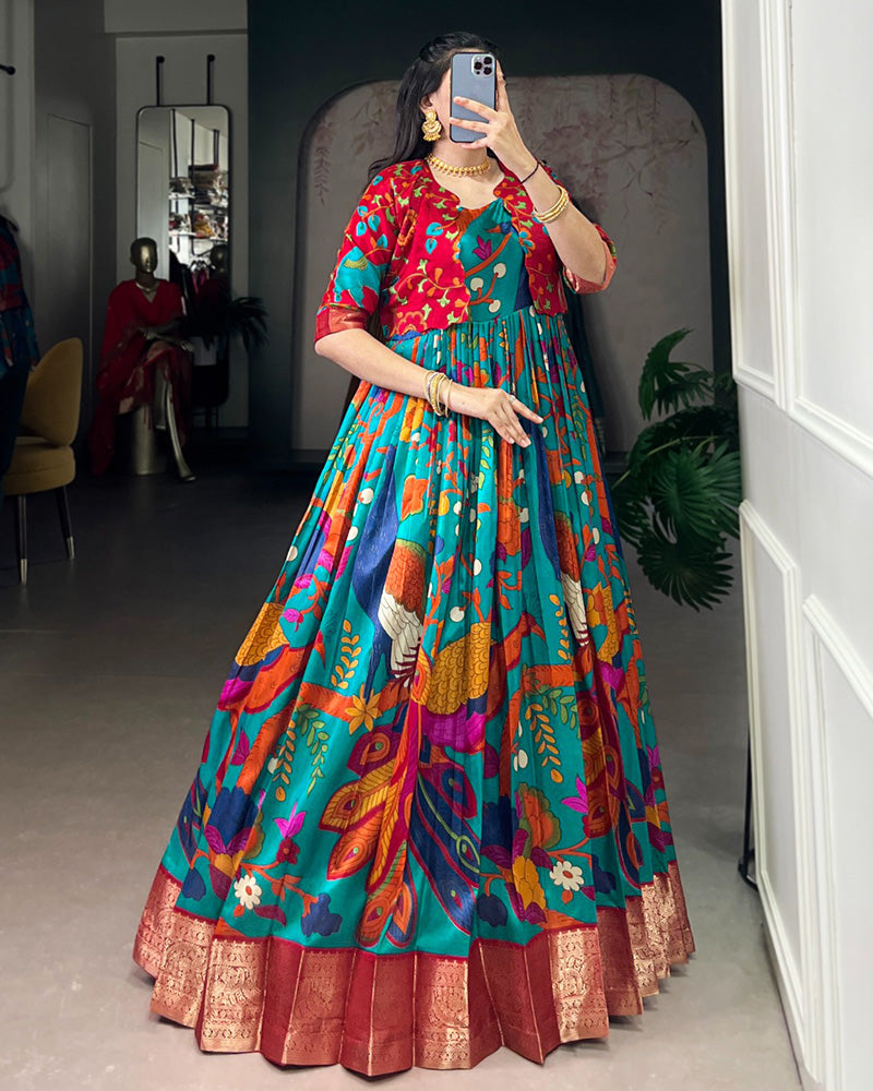 Firozi Color Tasar Silk Printed Gown With Koti