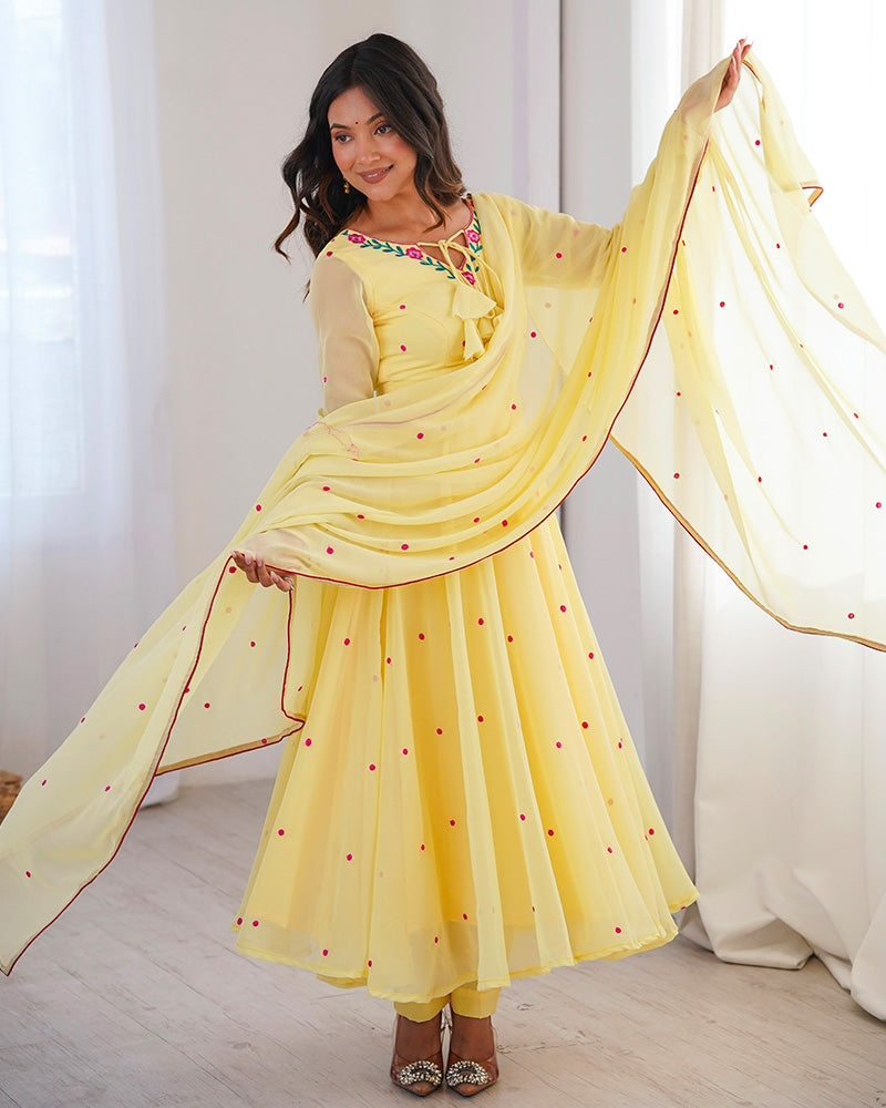 Light Yellow Color Georgette Three Piece Anarkali Suit