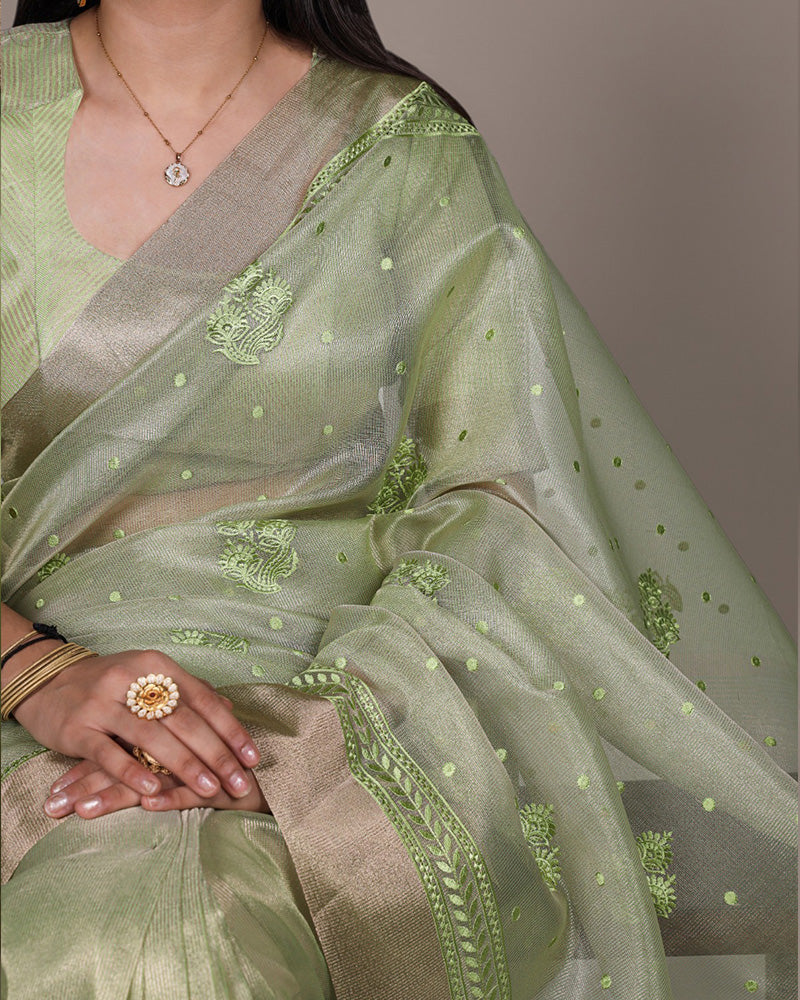 Pista Color Poly Shimmer Embroidered Saree