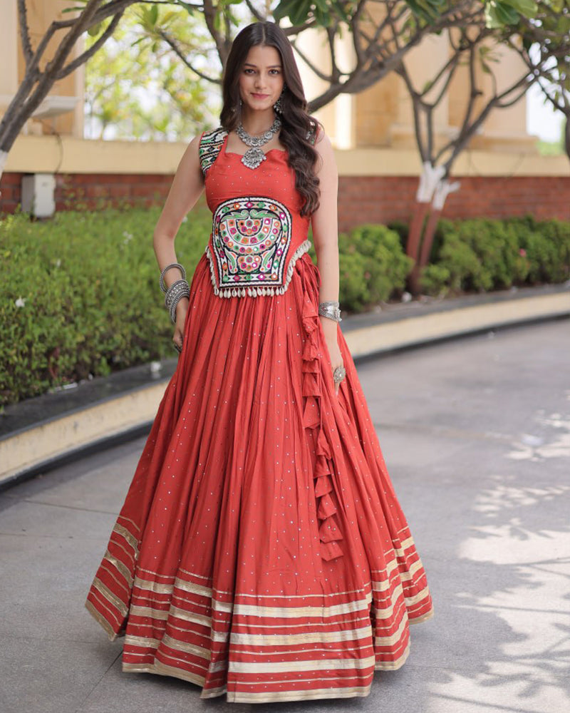 Six Color Rayon Mukesh-work With Patti Lace Navratri Lehenga Set
