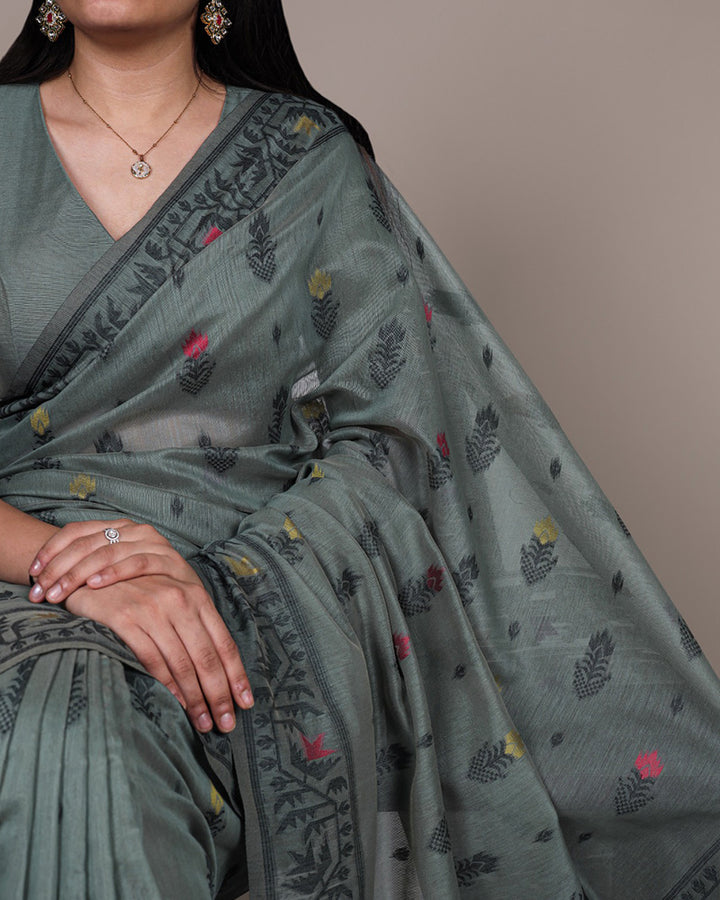 Dark Firozi Color Thread Weaving Poly Cotton Saree