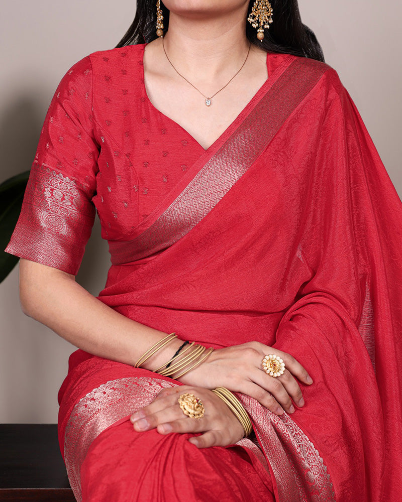 Red Color Chinon Self Printed Saree