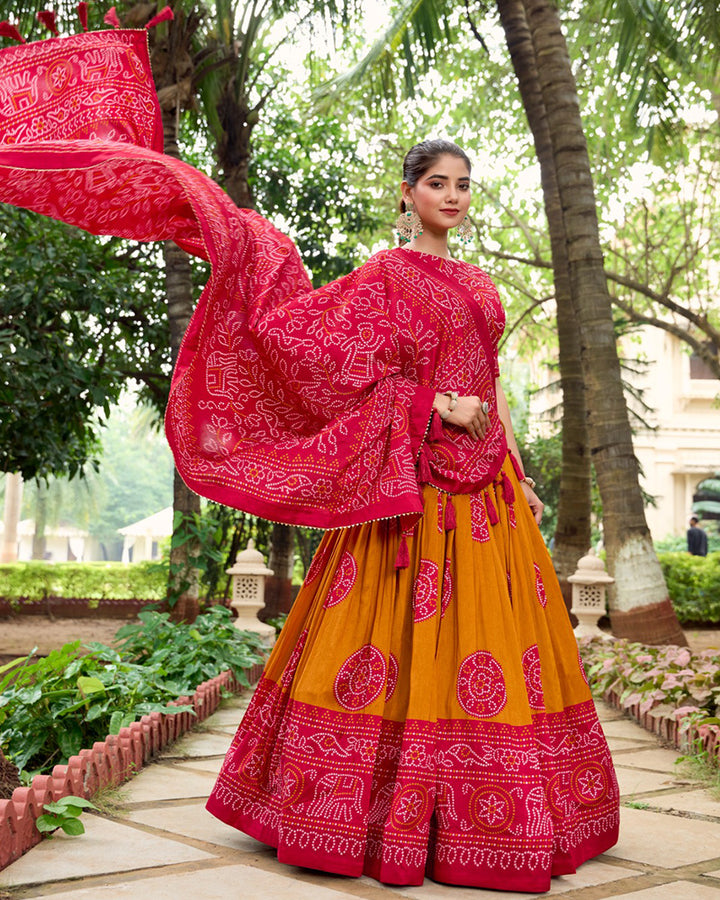 Mustard Color Tussar Silk Bandhej Printed Lehenga Choli