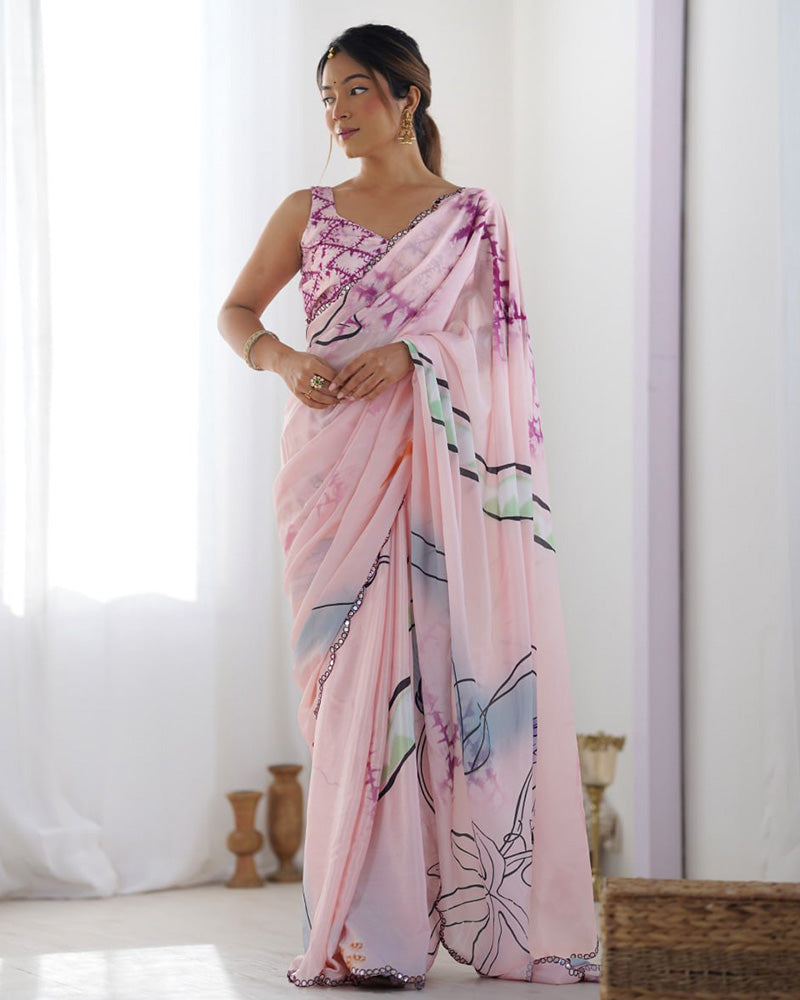 Baby Pink Color Chinnon Silk Saree