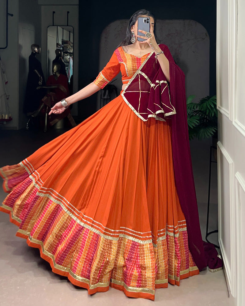 Orange Color Rayon Bnahdej Print Navratri Lehenga Choli