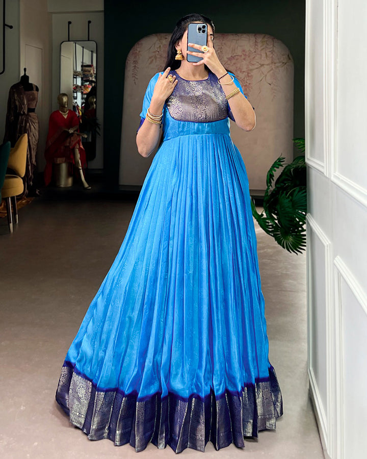 Blue Color Mass Mello Zari Weaving Gown
